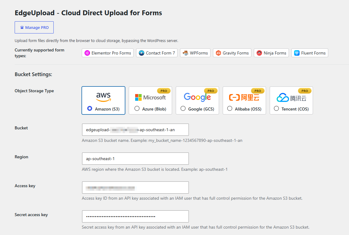 EdgeUpload WordPress settings showing supported form plugins and cloud storage providers